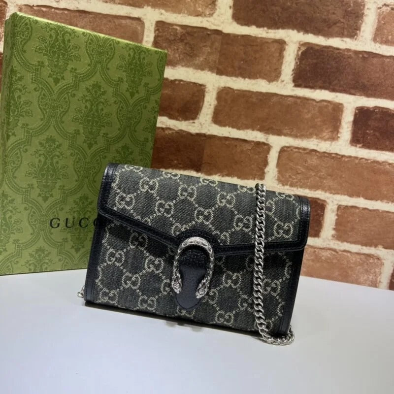 Gucci Dionysus GG Chain Wallet Denim Black